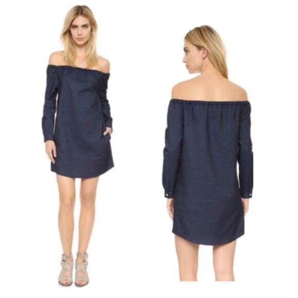 Rag & Bone Chambray Denim Off-Shoulder Mini-Dress Small Dark Blue - Picture 1 of 14